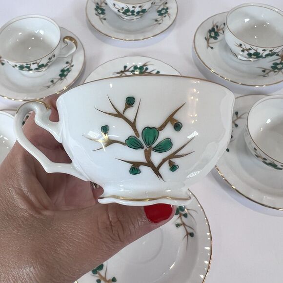 Antique Footed Teacup And Saucer Set Regal China‎ Occupied Japan Emerald Pattern - Picture 11 of 15